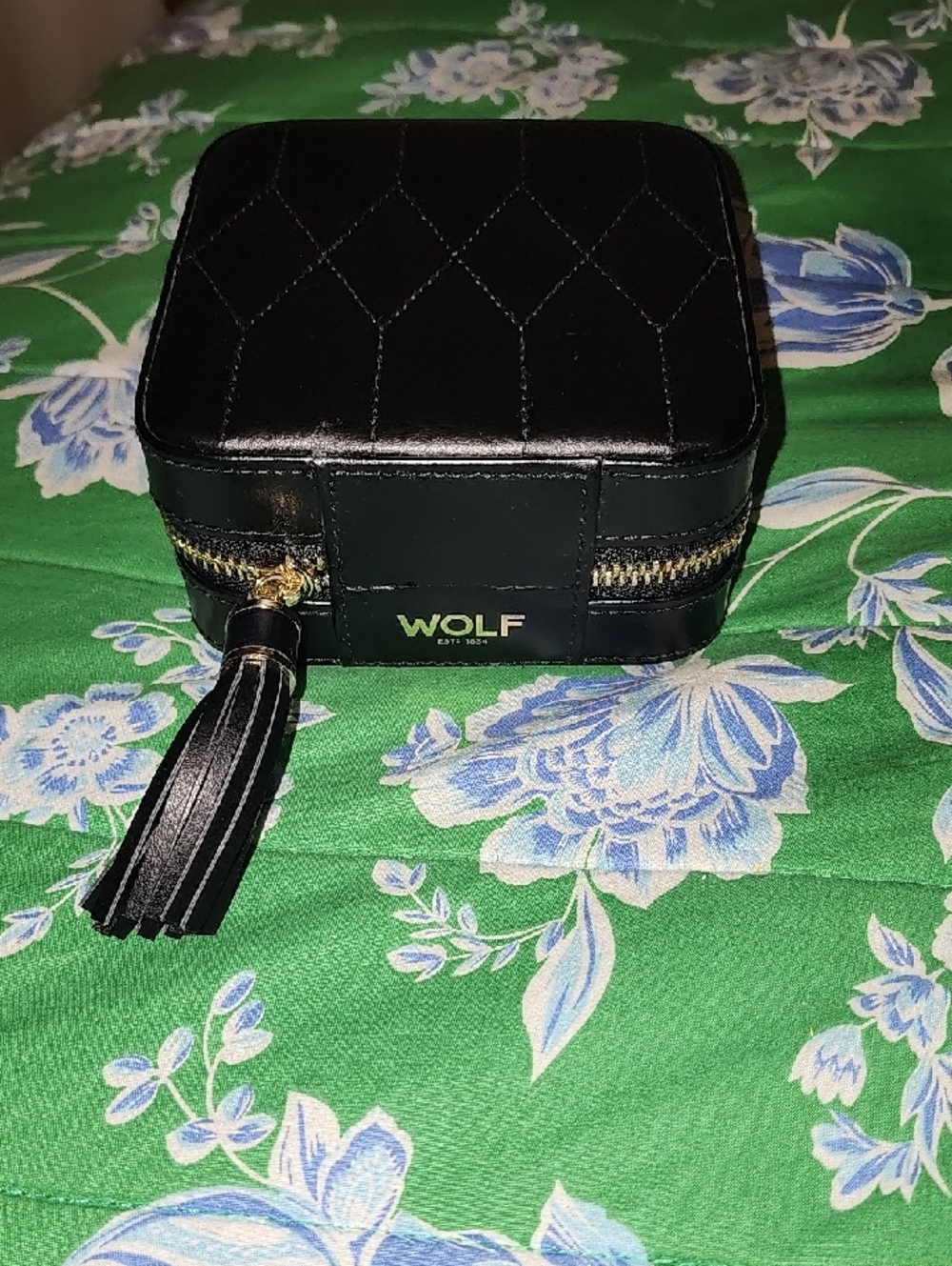WOLF Black Quilted Jewelry Travel Case with Tassel